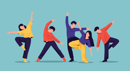 Fototapeta premium Group of cheerful people jumping for joy and celebrating success under two giant blue and white thumbs up icons.