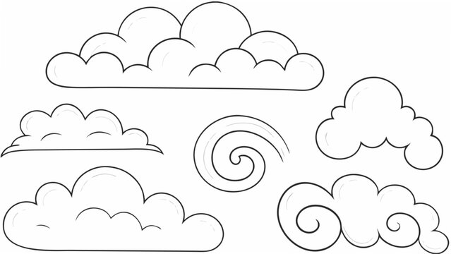 A collection of various cloud shapes rendered as a black and white line drawing on a white background clouds cloudscape cumulus