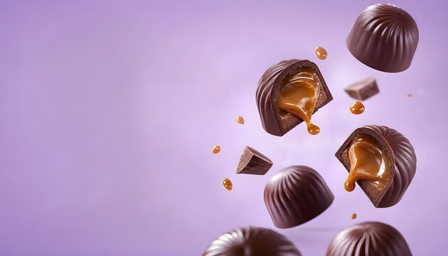 Delicious Dark Chocolate Pralines Flying and Breaking with Liquid Caramel Drip Filling on Pastel Purple Background