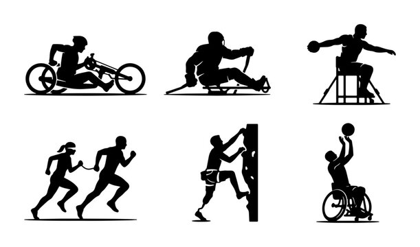 Paralympic Sports Silhouettes: Adaptive Athletes in Wheelchairs, Racing, Climbing, and Throwing, Vector Collection for Inclusive Design