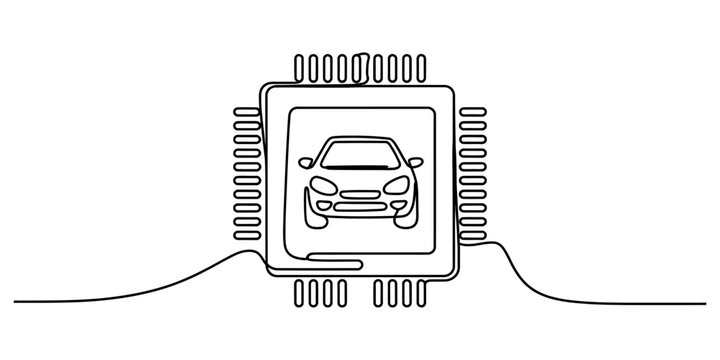 Continuous single line drawing of a microchip with a car icon inside representing automotive technology and smart vehicle engineering concept Vector, illustration