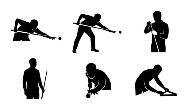 Billiard Player Silhouettes, Pool Game Action Poses, Cue Stick Sports Icons, Vector Set for Game Design and Leisure Themes