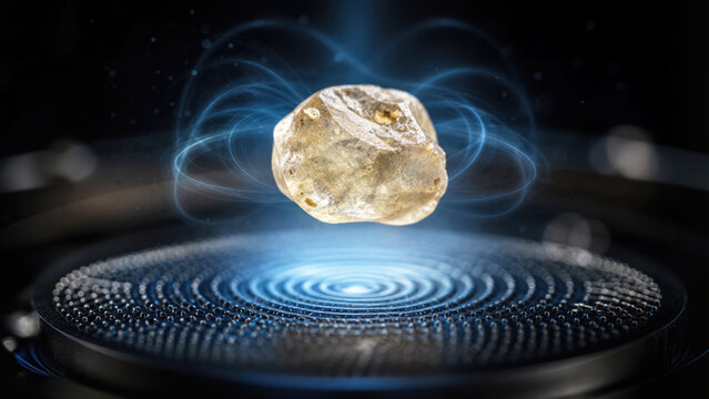 Conceptual macro of single sand grain levitating above high-frequency vibrating cymatic surface
