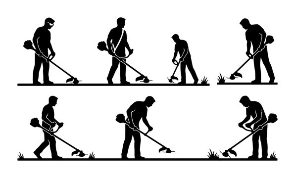 Gardening Silhouettes: Six Diverse Poses of Men Using String Trimmers for Lawn Care and Landscaping, Vector Icons for Outdoor Maintenance and Yard Work