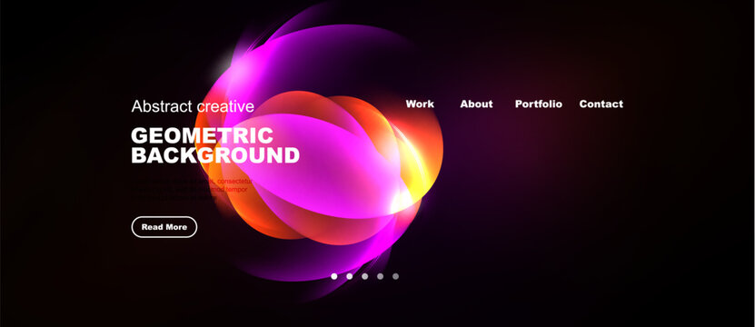 Dark background features vibrant abstract shapes, text elements, navigation menu. Modern design suggests website header or promotional material.