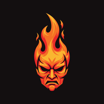 Aggressive red fire demon head on black background mascot