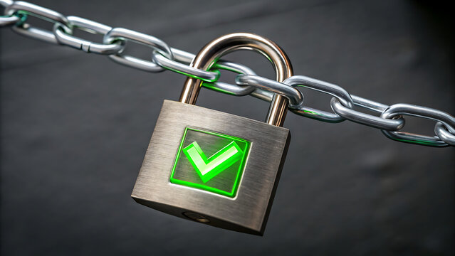 Digital security padlock glowing green on dark metal chain background