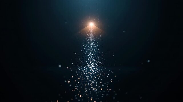Abstract light glowing beacon with ascending growth sparkle bokeh, particle stream rising in dark space toward bright flare, hopeful mood