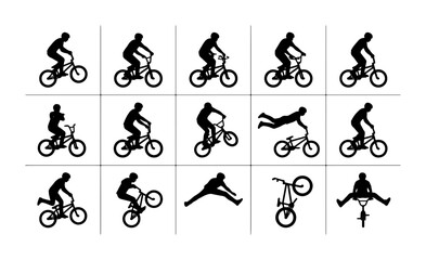 Fototapeta premium BMX Bicycle Rider Silhouettes, Extreme Sports Action Poses, Dynamic Cycling Stunts Vector Icons Set