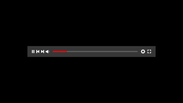 Video player interface animation on black background, digital media player control bar motion graphic, sleek progress timeline overlay, streaming player controls element, modern playback user interfac