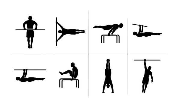 Calisthenics Workout Icons, Bodyweight Fitness Silhouettes, Street Workout Poses, Gymnastics Moves, Athletic Training Vector Set