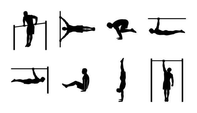 Calisthenics Workout Silhouettes, Bodyweight Fitness Poses, Gymnastics Training Icons, Athletic Exercise Collection