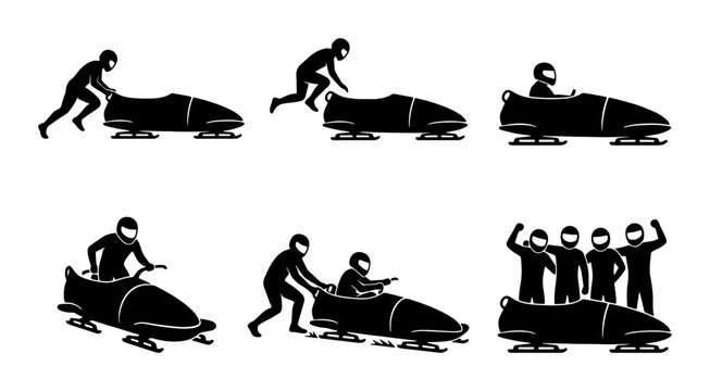 Bobsledding Action Icons, Winter Sport Silhouettes, Athlete Pushing Sled, Team Celebration Vector Set
