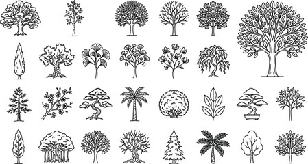 Collection Of Tree Line Art Illustrations On White Background © neuraxi