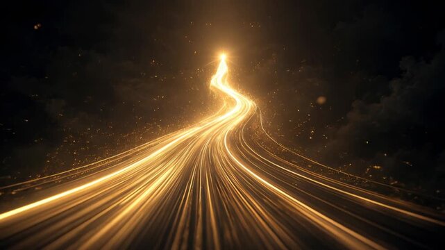 Golden road light trail success pathway glowing abstract journey, luminous golden lines rising through dark space toward bright horizon future