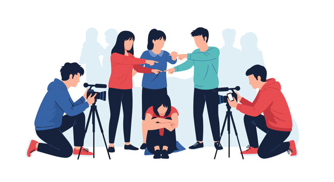 Devastated girl being bullied and shamed by a group of people while photographers capture her distress in a public setting.