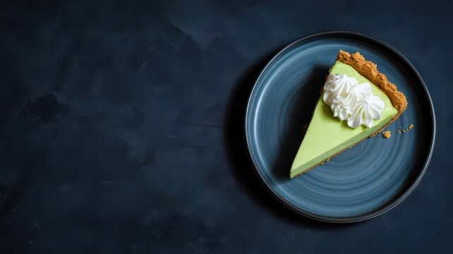 Single slice of pale green key lime pie topped with whipped cream on a dark blue ceramic plate