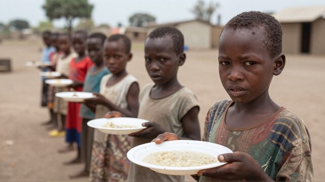 A line of hungry children holding plates of food, hoping for a meal in a developing country. Poverty and malnutrition concept.