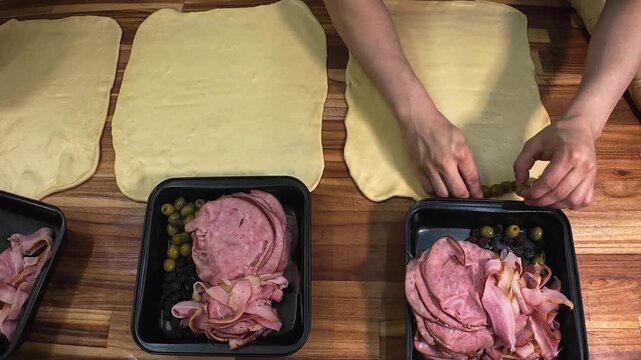 top-down, medium close-up shot of a chef preparing traditional Venezuelan pan de jam&oacute;n (ham bread) on a wooden countertop.