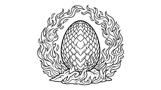 Dragon Egg in Flames Fantasy Coloring Page Line Art Illustration