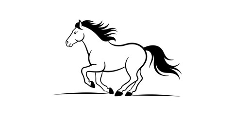 Black and white line art illustration of a beautiful horse running fast with a flowing mane and tail in a simple dynamic artistic style for logo design projects Vector, illustration © Vector Line Drawing