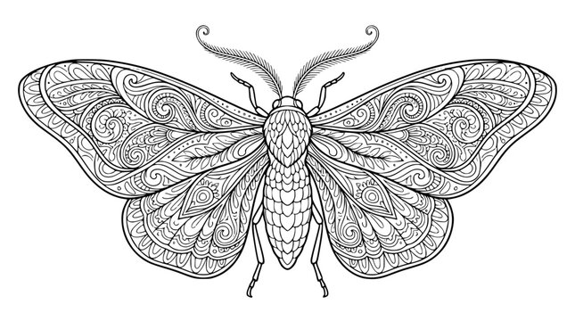 Intricate Moth Illustration for Adult Coloring Book Page Hand Drawn Line Art