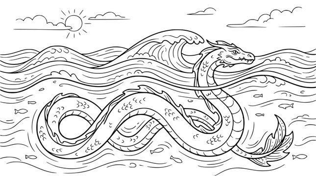 Mythical Water Dragon and Ocean Waves Coloring Page Illustration