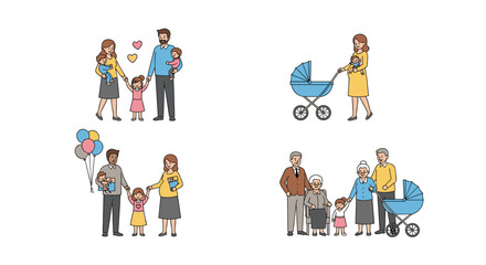 Fototapeta premium Set of four different family scenes depicting parents with children, a pregnant woman, and an elderly couple with a child.