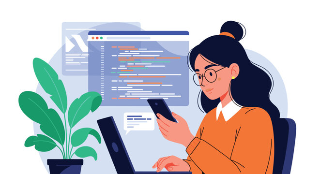 Female software developer working on a laptop while checking her smartphone with lines of code floating in the background.