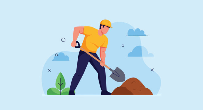 Strong male construction worker wearing a yellow hard hat digging into a pile of dirt with a large shovel.