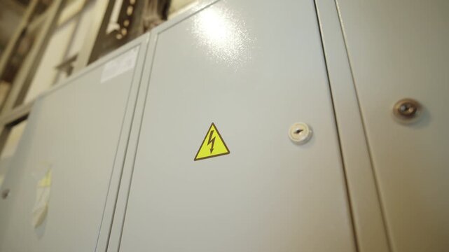 Electrical distribution boxes feature triangular lightning symbols. Soft indoor lighting outlines modern power infrastructure details