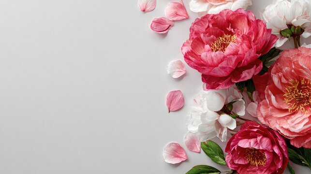 Red carnation floral border layout on plain white background with copy space, mother's day gift flower frame for greeting card and graphic design