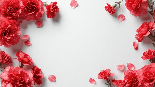 Red carnation floral border layout on plain white background with copy space, mother's day gift flower frame for greeting card and graphic design