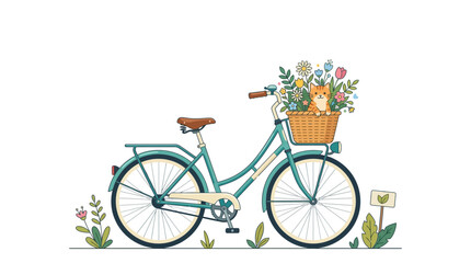 Fototapeta premium A charming vintage teal bicycle adorned with a basket full of colorful spring flowers.