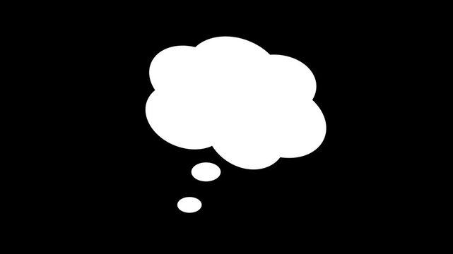 Thought bubble animation on black background, minimalist comic cloud motion graphic, animated thinking icon, silhouette dream bubble element, creative brainstorming concept visual.