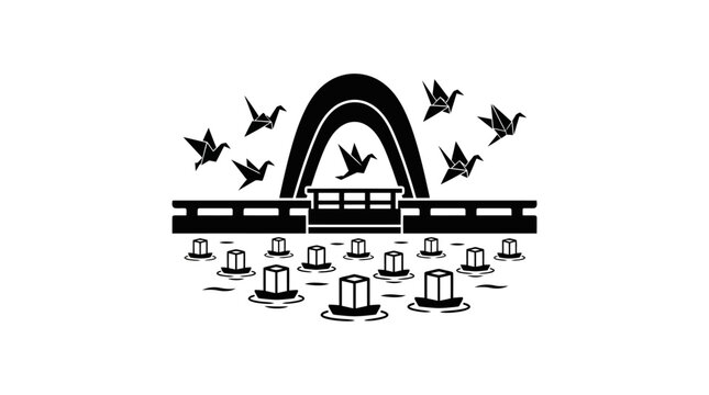 A stylized black and white illustration of paper cranes flying over a bridge and floating lanterns.