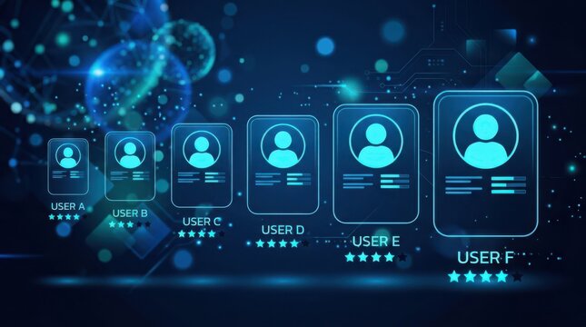 Digital user profiles with star ratings and network connections on a blue technology background