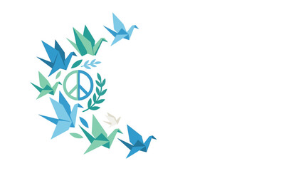 Watercolor origami paper cranes arranged in a crescent shape around a peace symbol. © ida
