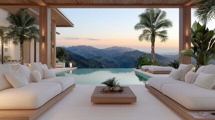 Obraz premium luxurious open air tropical villa living room with infinity pool panoramic mountain views elegant modern architecture and exclusive resort lifestyle ambiance