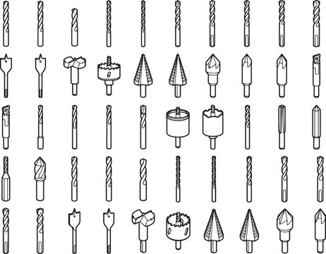 A collection of various drill bits and hole saws is neatly arranged in a grid, showcasing a diverse array of cutting tools for different applications.