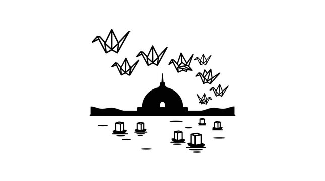 Minimalist illustration featuring origami cranes flying over a domed building and floating lanterns.