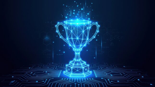 Digital trophy with glowing blue lines and circuit board background achievement concept