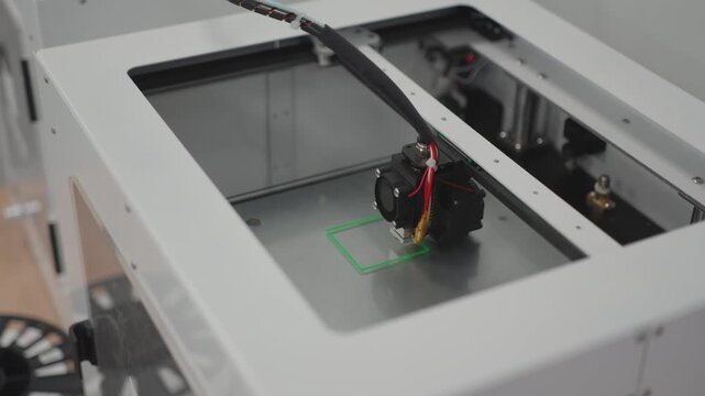 Extruder head prints green plastic square shape in white 3D printer chamber. Precise additive manufacturing process looks high tech