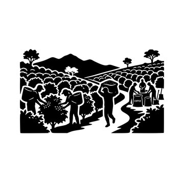 Black and White Illustration of Workers on a Coffee Plantation