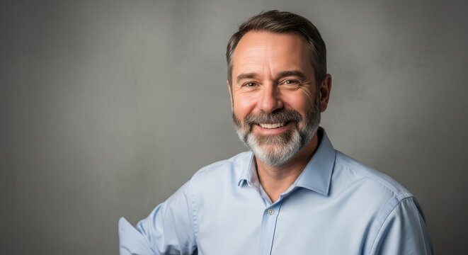 Portrait of a Confident Smiling Mature Businessman in a Light Blue Shirt Against a Grey Background