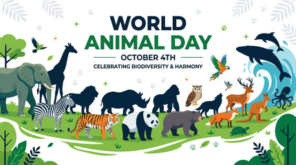 A diverse collection of wild animals gathered together for World Animal Day celebration. © Avis_Sunani