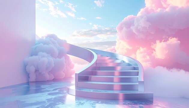 A swirling polished chrome staircase melting into a dreamlike pastel cloud formation set against a bright cinematic sky, showcasing a surreal futuristic landscape suitable for a digital wallpaper.