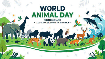 A diverse collection of wild animals gathered together in a vibrant nature scene. © Avis_Sunani