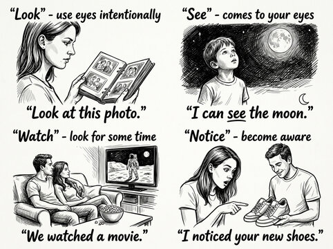 Educational infographic illustration explaining the differences between English verbs Look, See, Watch, and Notice with examples and hand-drawn cartoon characters.