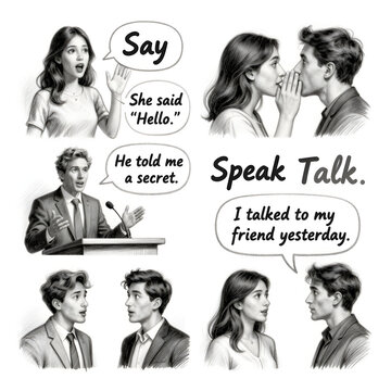 English grammar infographic illustration explaining communication verbs Say, Tell, Speak, and Talk with examples and sketch characters.